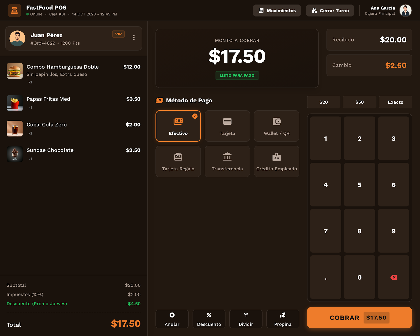 Pantalla de caja y pagos con efectivo, tarjeta, Nequi y Daviplata