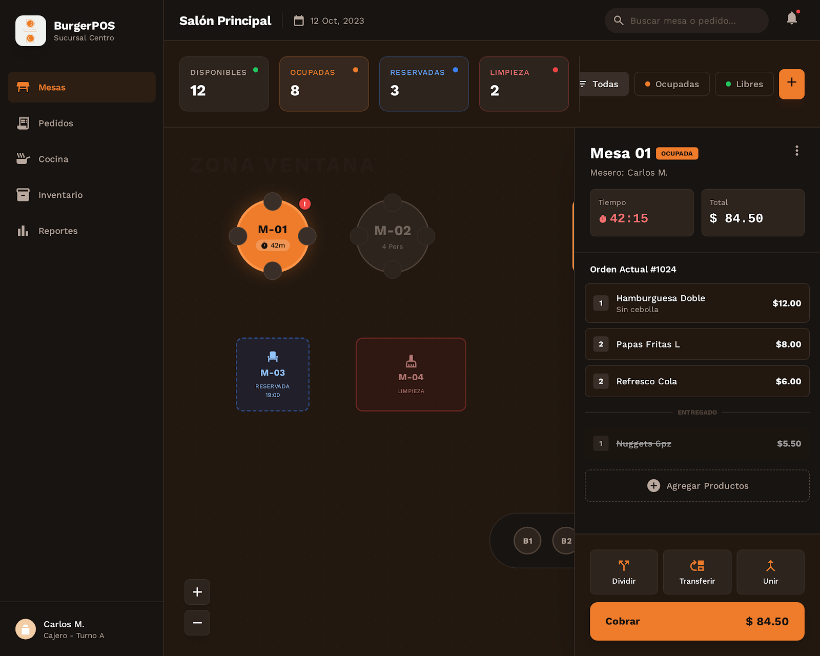 Mapa visual de mesas del restaurante con estados