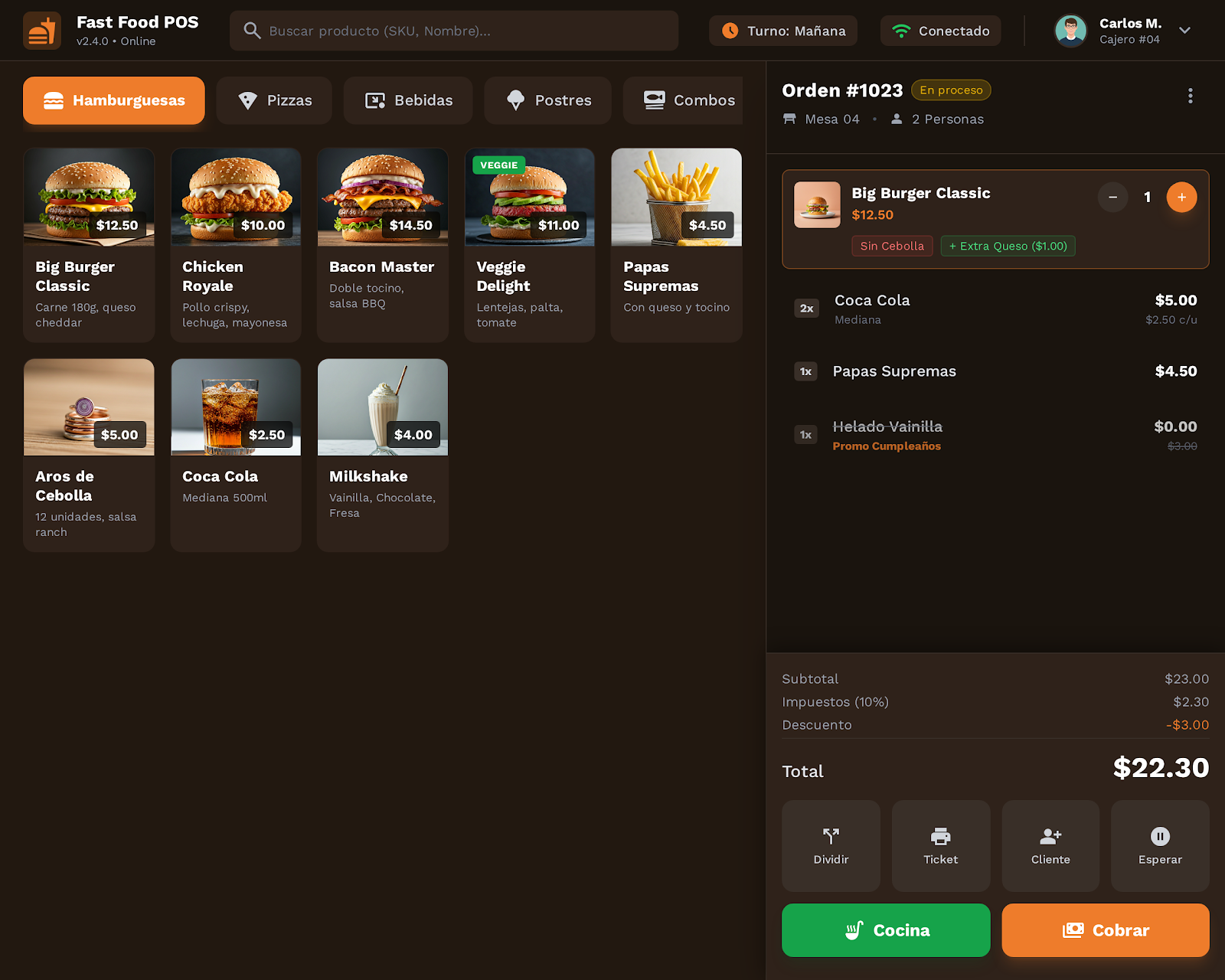 Interfaz del punto de venta FastFood POS mostrando la toma de pedidos